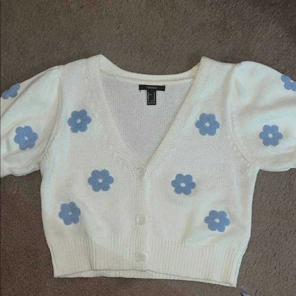 White Floral Puff Sleeve Cardigan Forever 21 - Picture 4 of 4